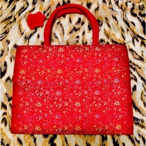 Red satin floral print handbag